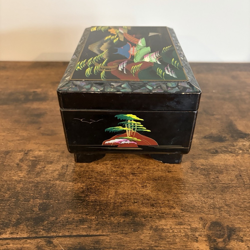 Japanese Black Lacquer Abalone Inlay Mt. Fuji Scenic Music Jewelry Box Vintage - Picture 10 of 12
